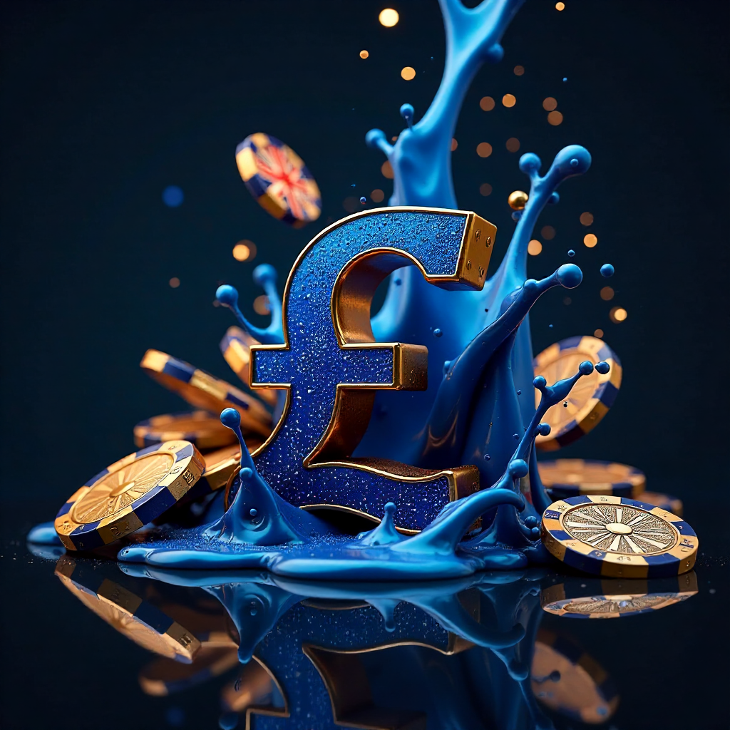 Dynamic liquid metal explosion in royal blue and gold, swirling 3D golden British Pound symbols and casino chips, subtle Union Jack patterns made of light in the background, dark charcoal reflective surface, high-tech financial gambling art, sharp focus, 